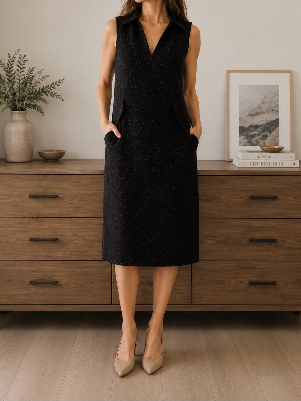 Luca Luca Dress  Dark Brown Black Cotton Silk Lined Sleeveless V Neck Pockets